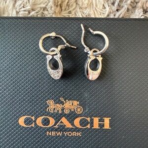 Coach Silver-Tone Crystal Horsebit Drop Hoop Earrings
